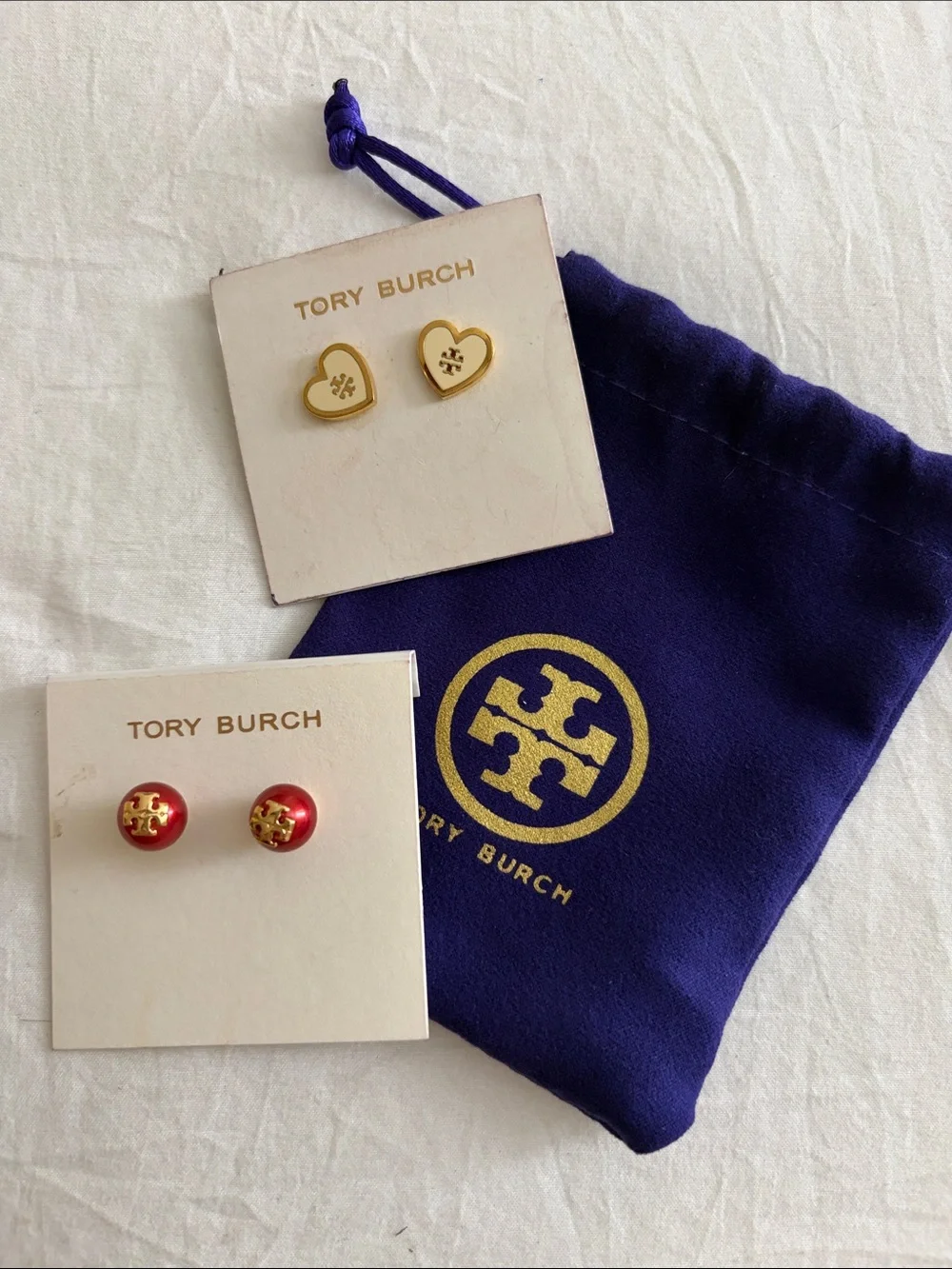 Tory Burch Kids Gold Heart and Red Logo Stud Earring Set